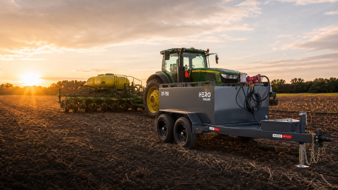 HERO DT-750 trailer supporting farm equipment in the field